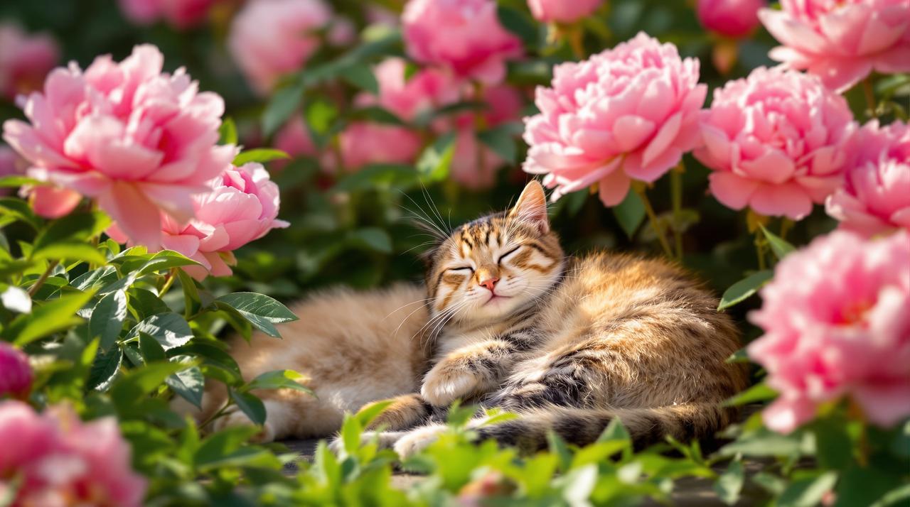 芍药花丛中的猫咪日常